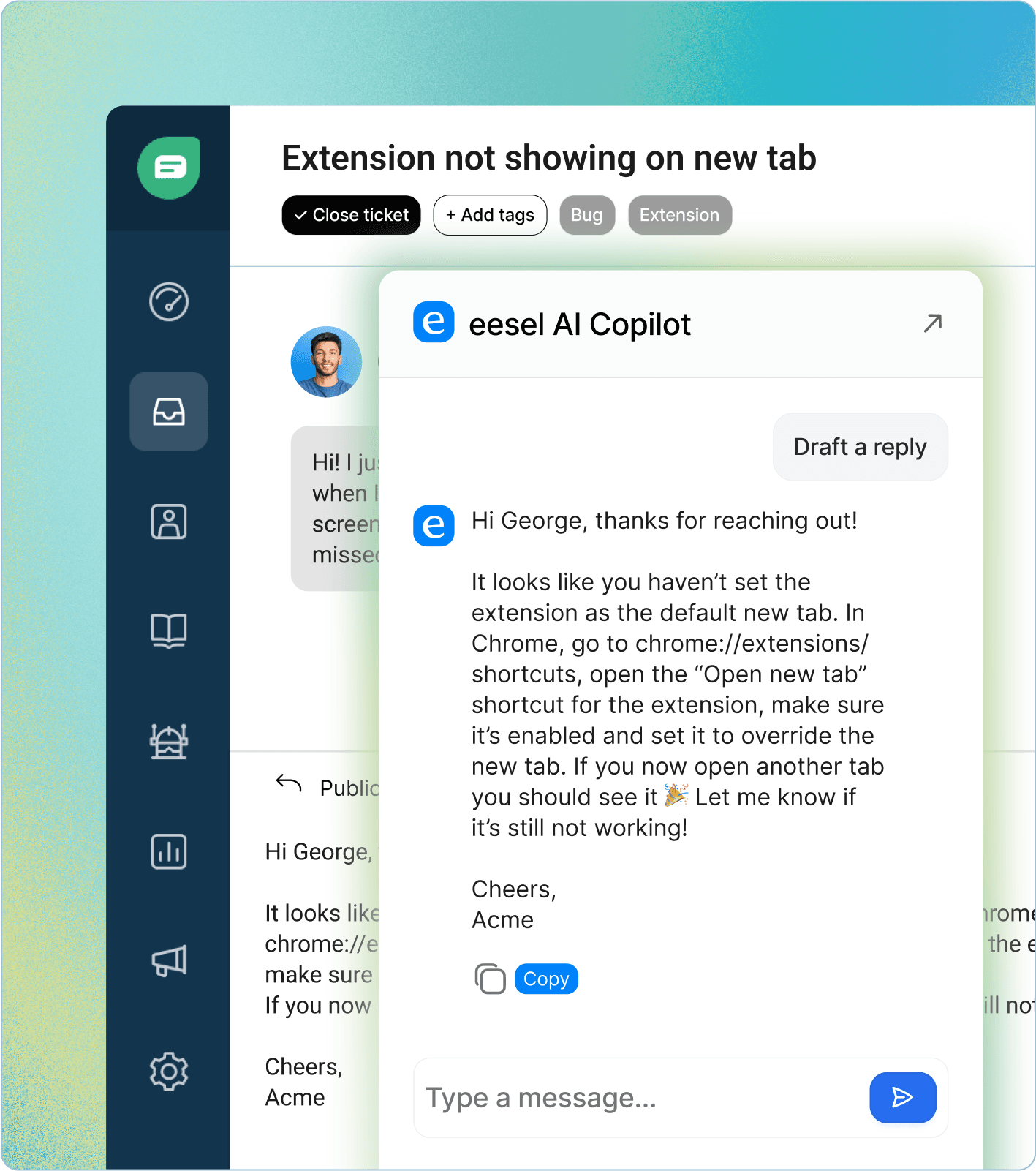 An AI Copilot suggesting a reply to an agent within the Freshdesk interface, demonstrating a key feature of an AI powered service desk.