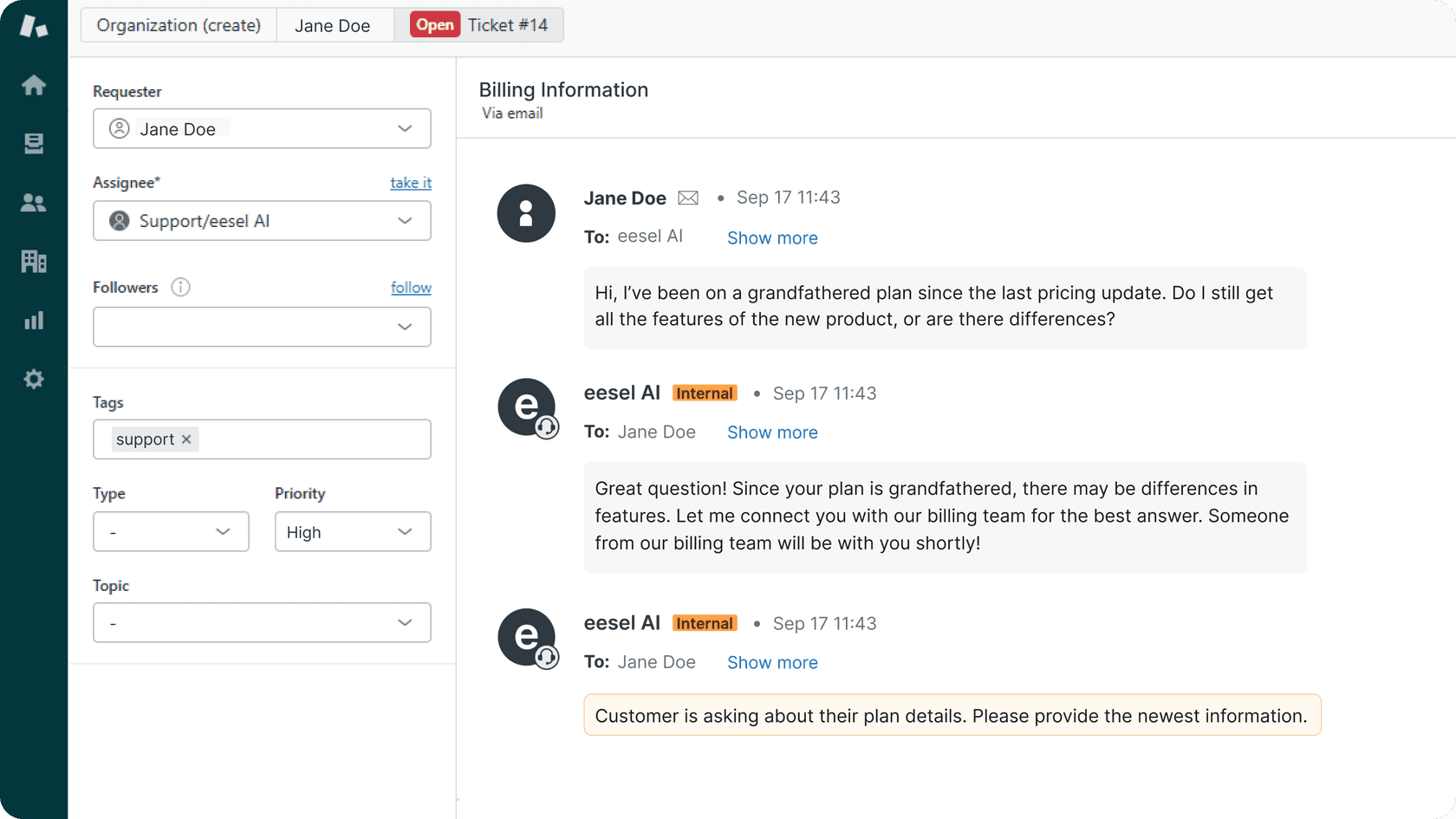 eesel AI escalates a ticket to a human agent.