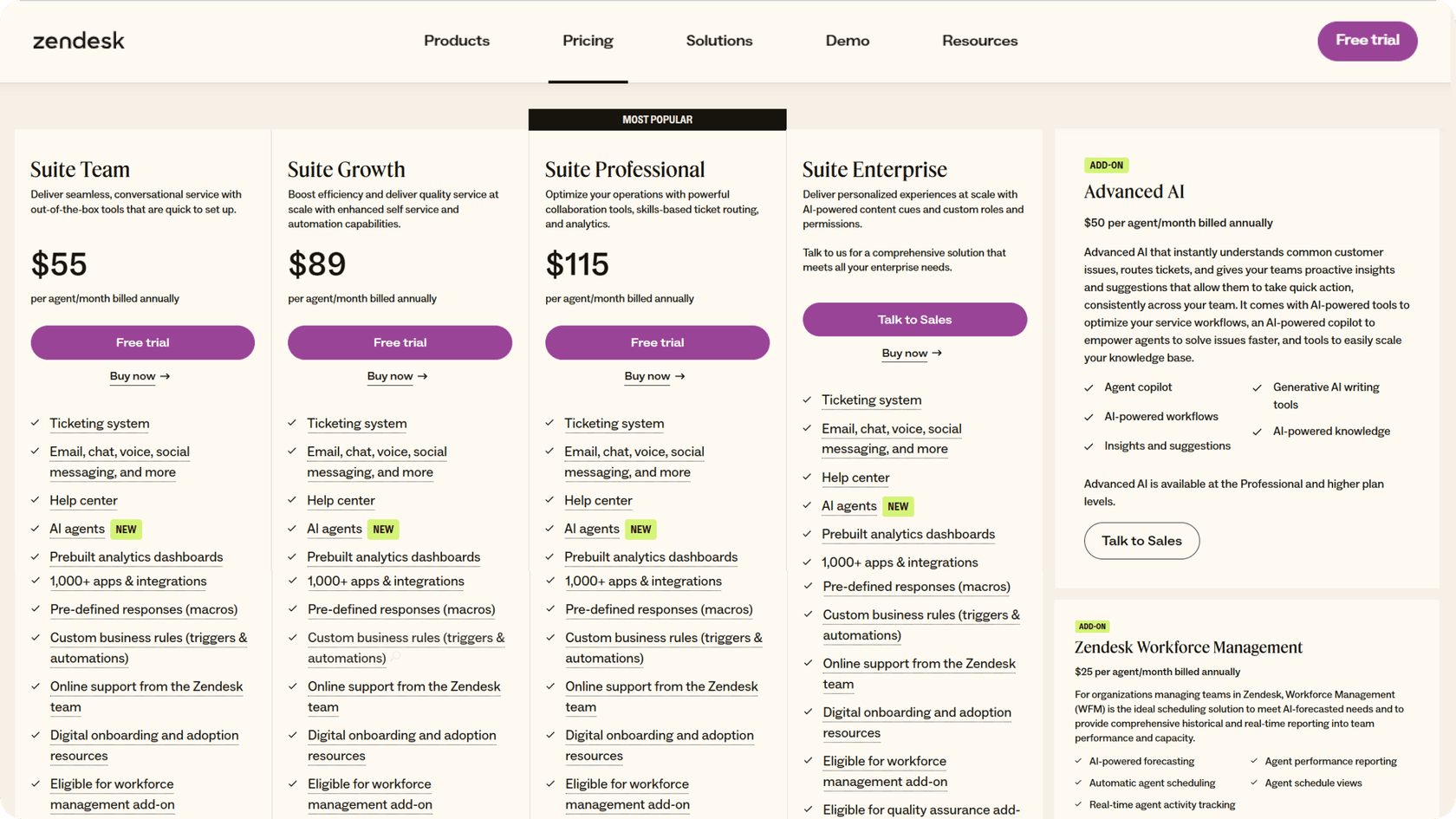 Zendesk plans plus the Advanced AI add on.