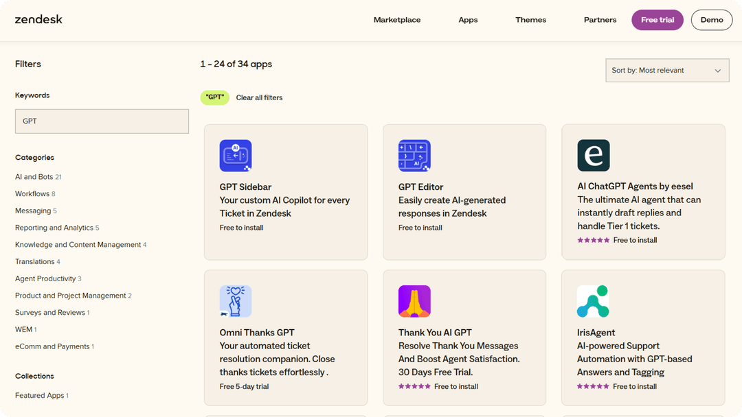 Screenshot of Zendesk marketplace showing available GPTs.