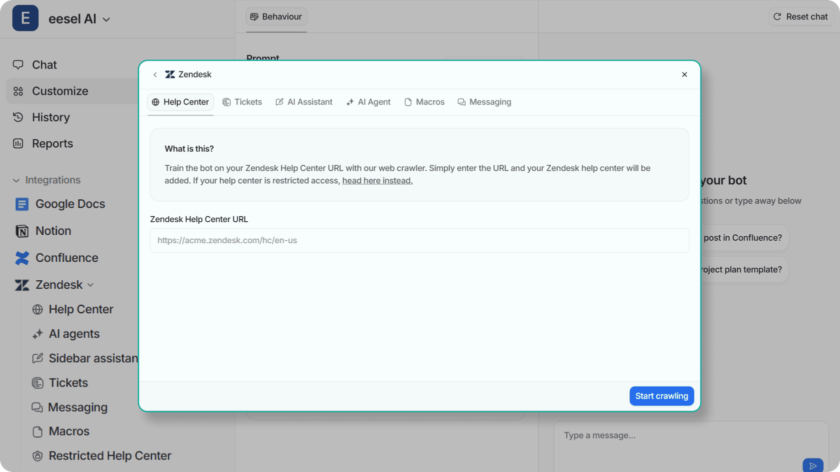 Integrations options for Zendesk inside eesel AI's dashboard.