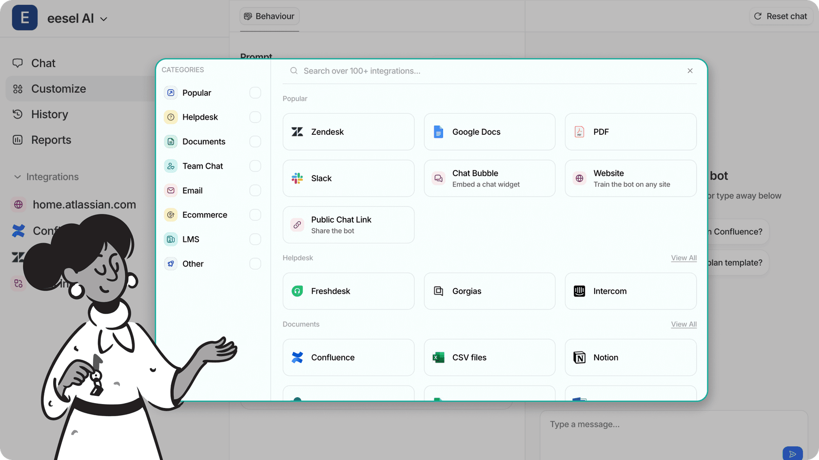 eesel AI’s integration dashboard showing knowledge base google docs, confluence and etc.