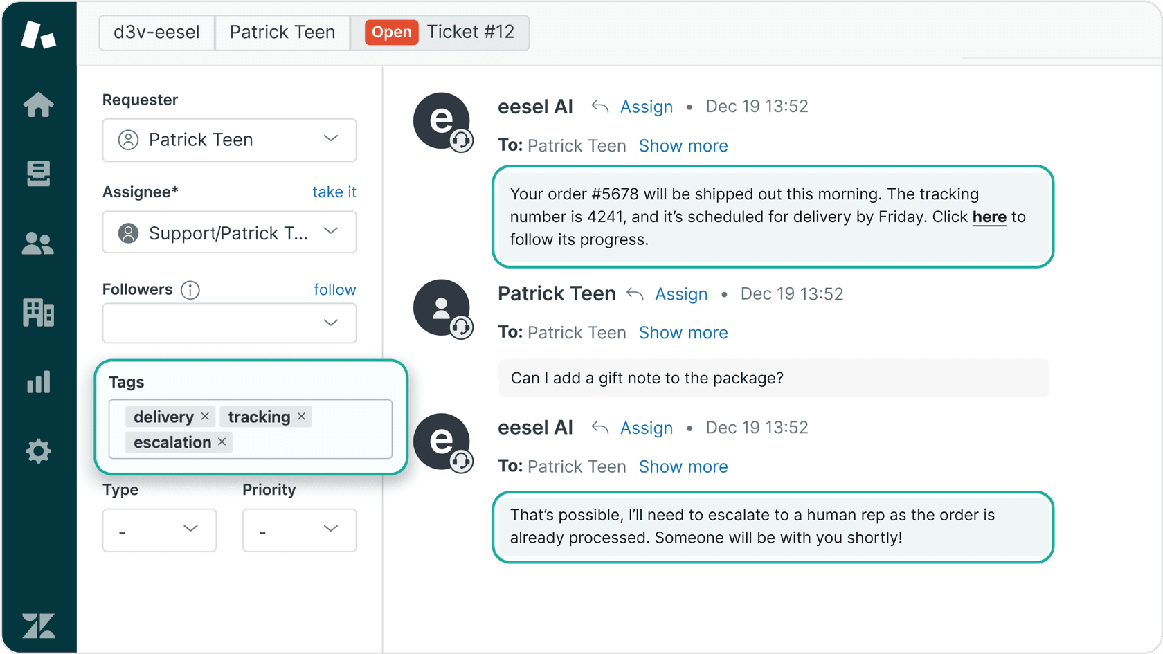 Screenshot of eesel AI chatting inside Zendesk dashboard, tagging, escalating, and finding order information
