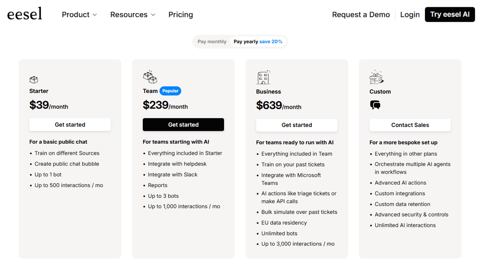 A screenshot of the eesel AI public pricing page