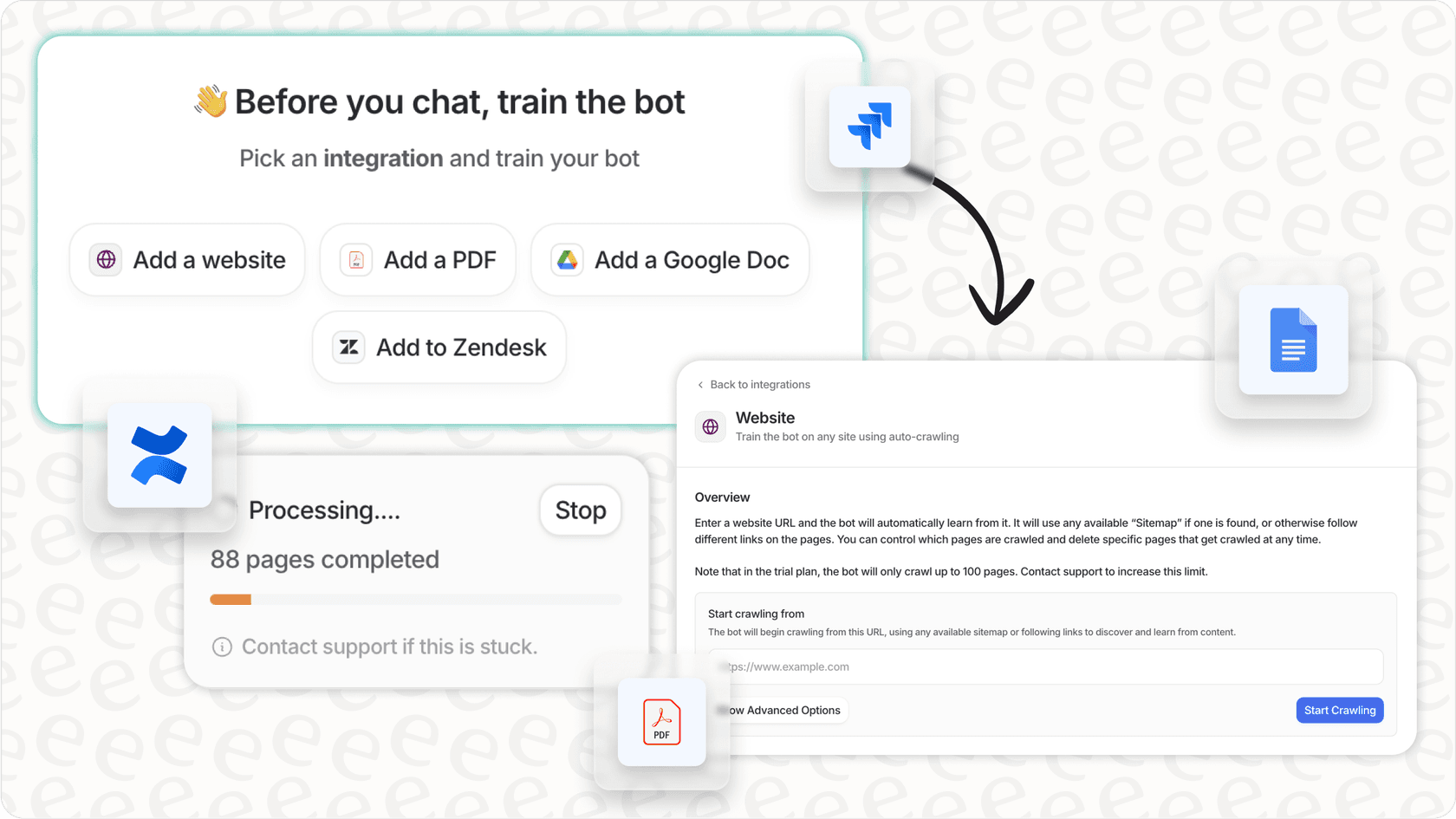 The eesel AI dashboard, which is among the best AI chatbots for Shopify, showing options for managing support bots and integrations.
