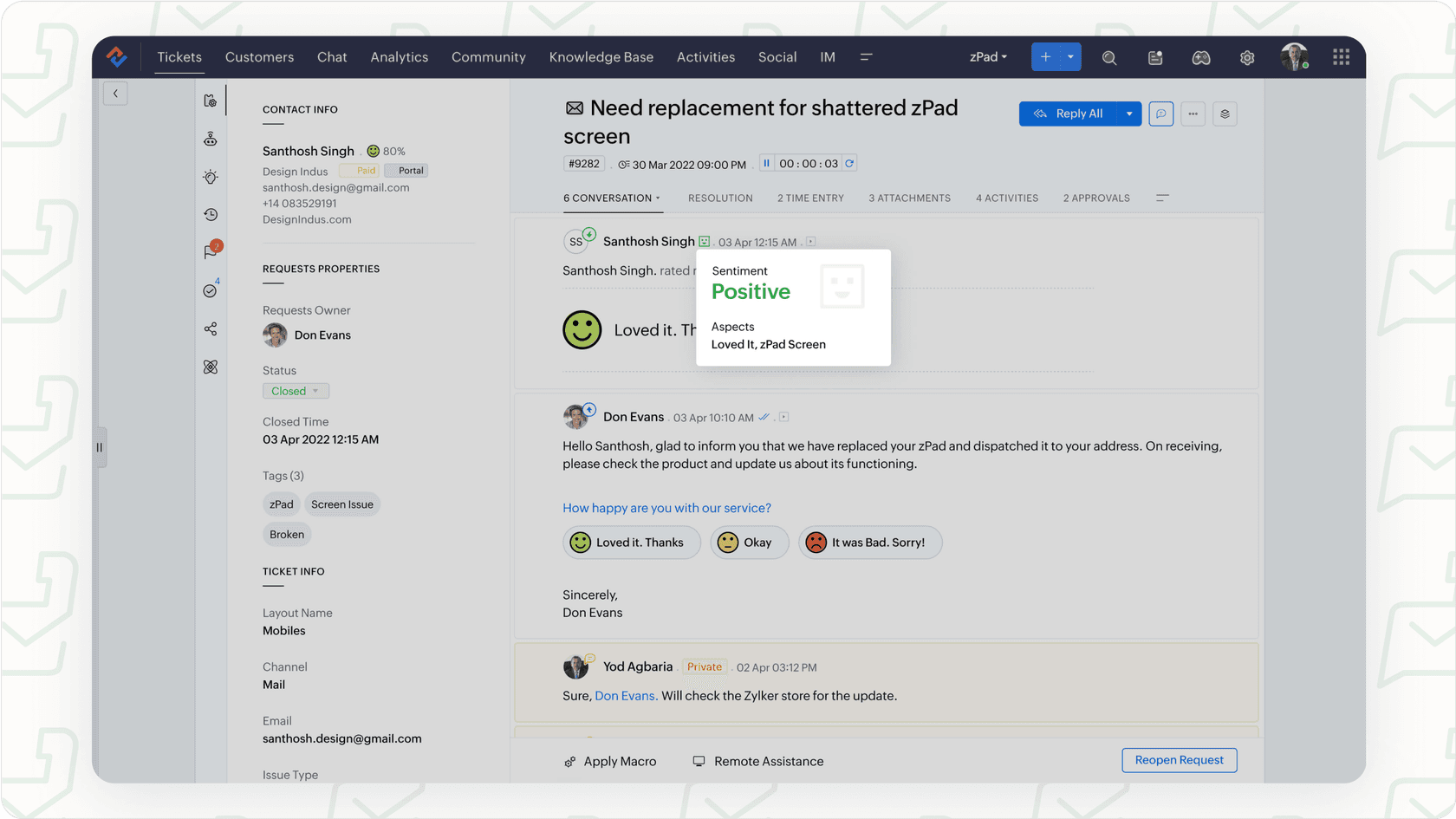 A look at the Zoho Desk interface showcasing Zia