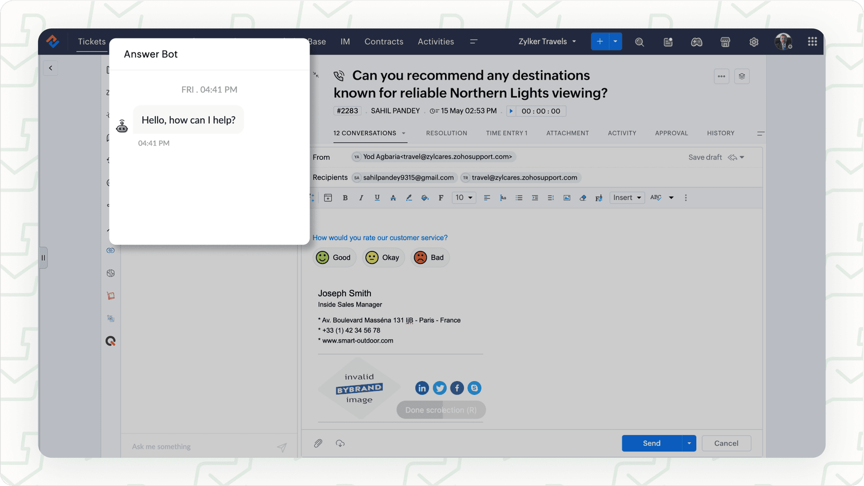 The Zoho Desk Answer Bot, a key feature available after a successful Zoho Desk Zia train on knowledge base.