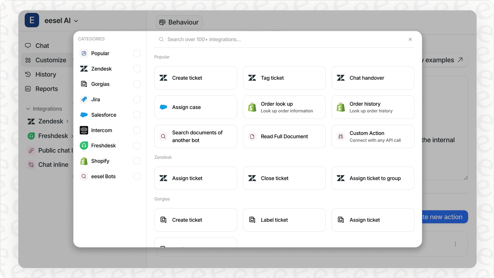 eesel AI integrations page showing connections to help desks and e-commerce platforms