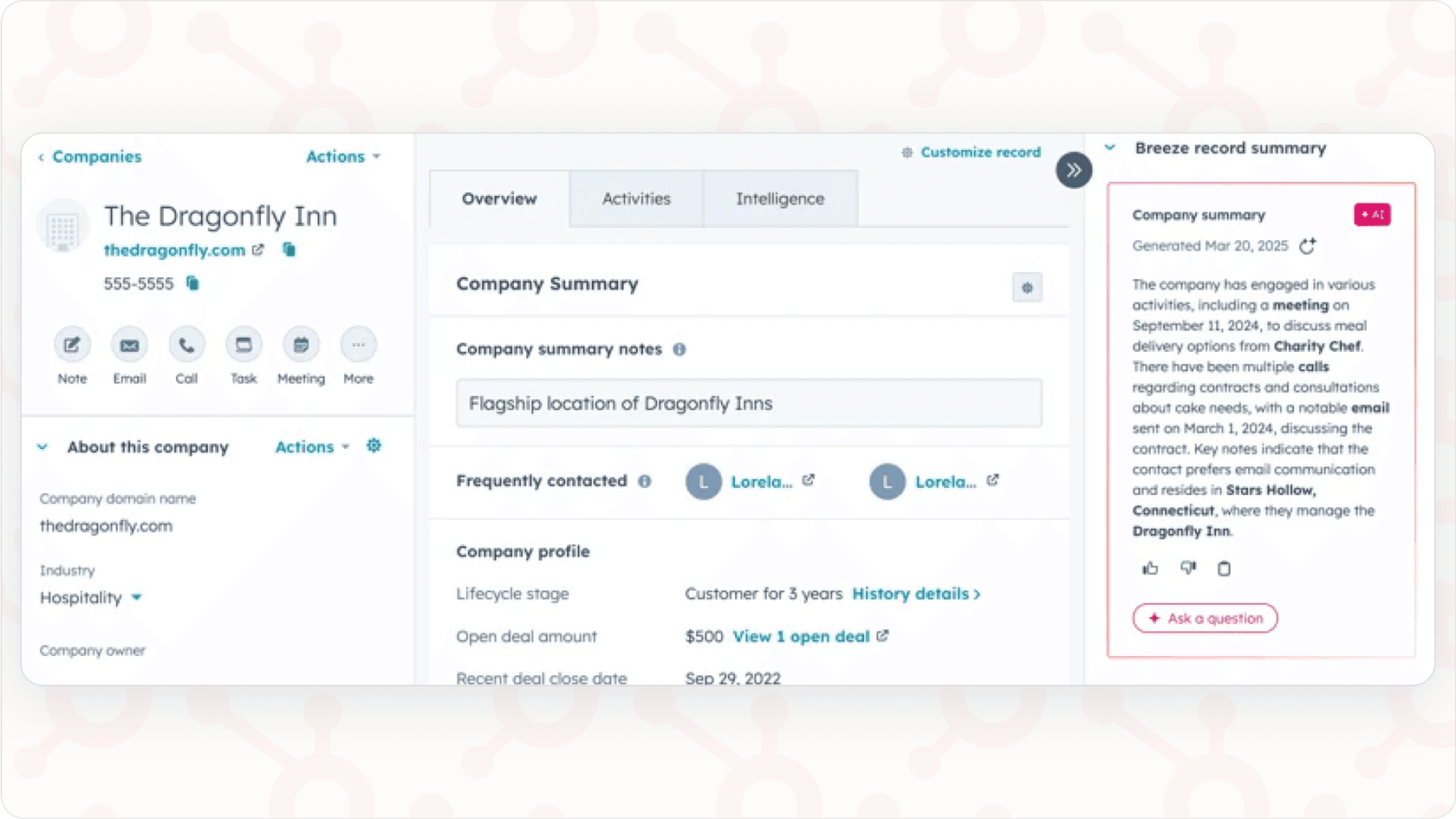 HubSpot AI summarizing company information with embedded AI feature.