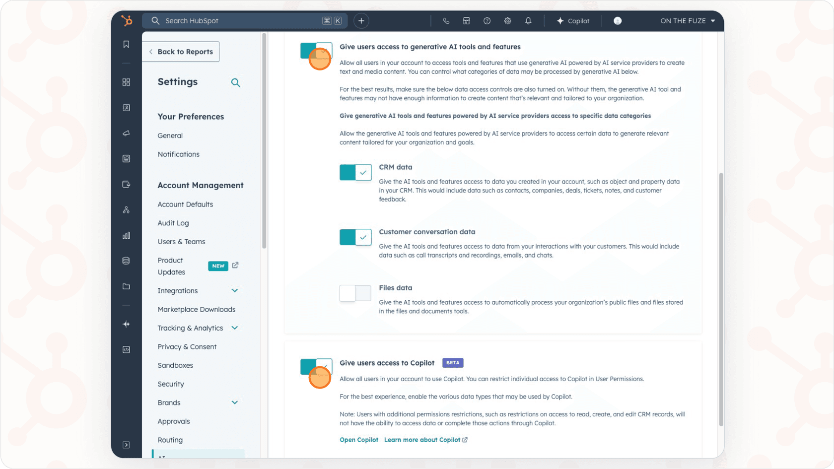 Managing HubSpot AI settings and access permissions.