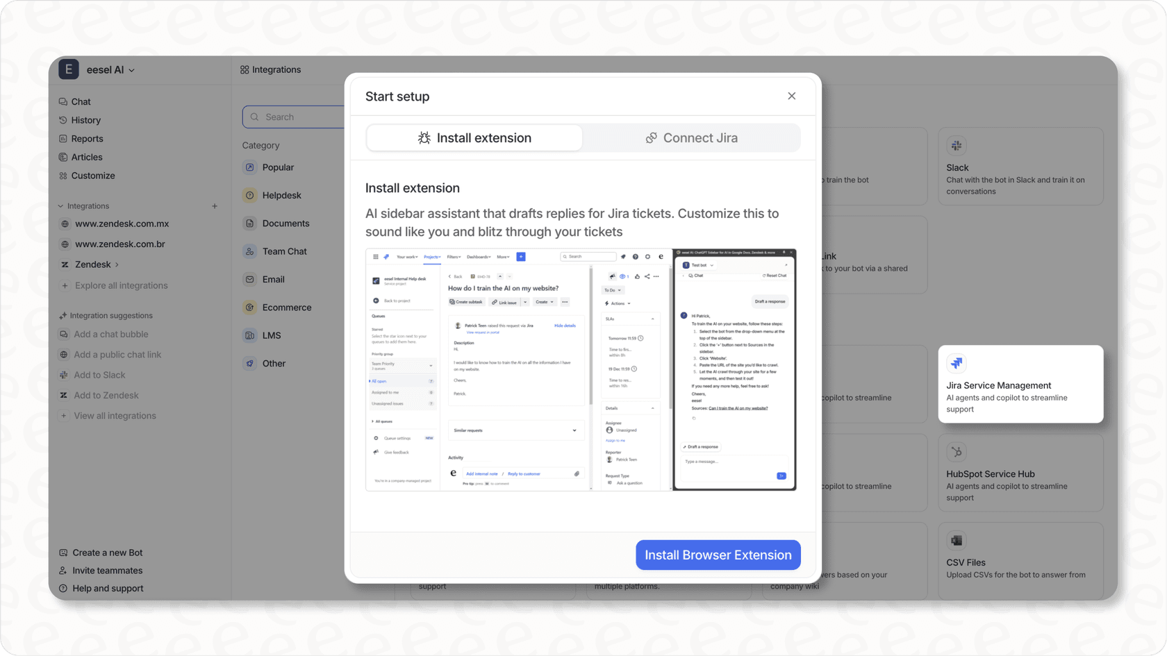 eesel AI dashboard showing integration with Jira Service Management
