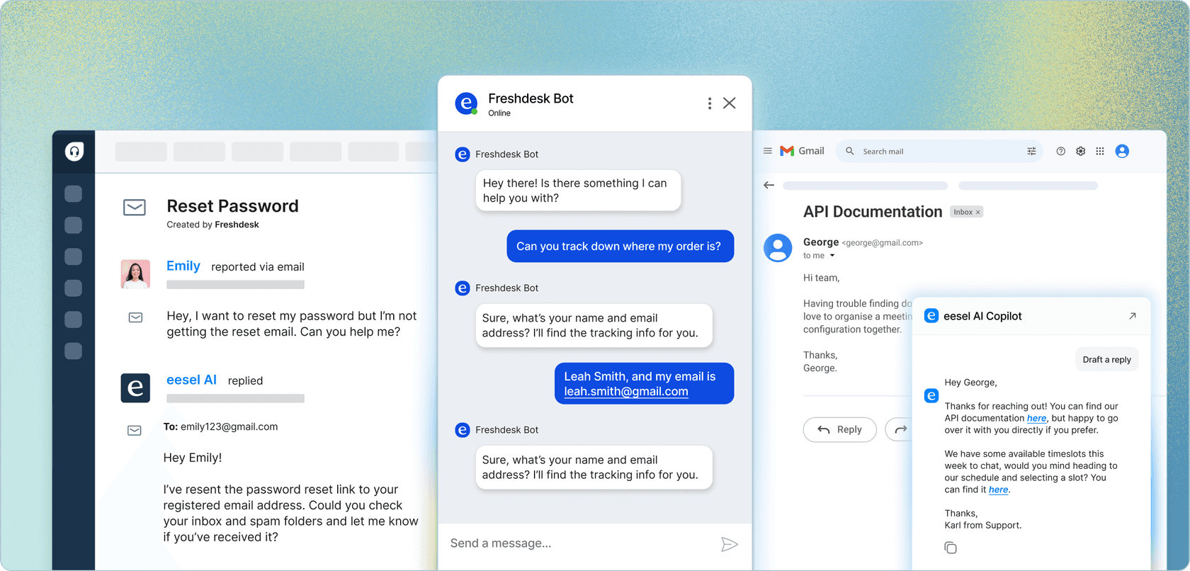 Freshdesk dashboard showing AI auto-reply features