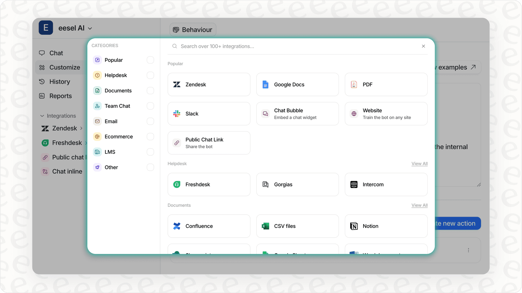 eesel AI integrations page showing easy connections for enhancing lead generation and sales automation.