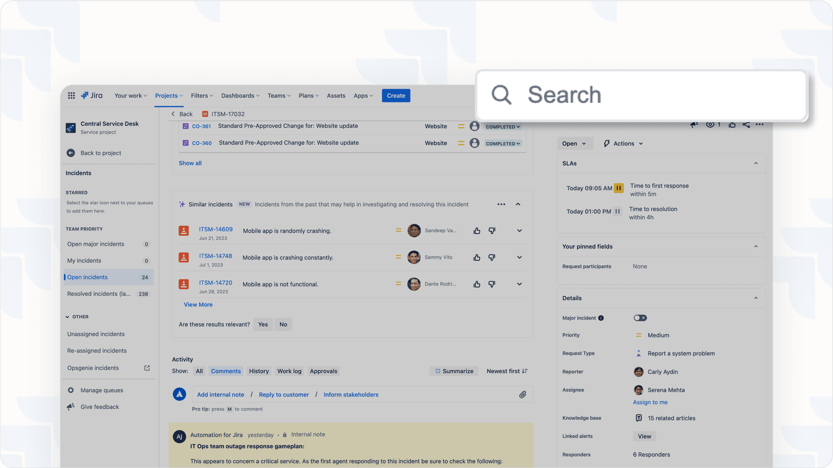 Jira search bar on the top-right of the dashboard.