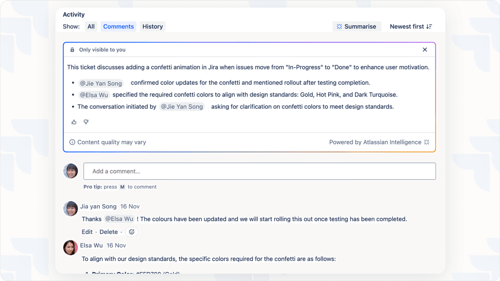 Jira AI summarizing and providing a concise overview of a ticket's discussion threads
