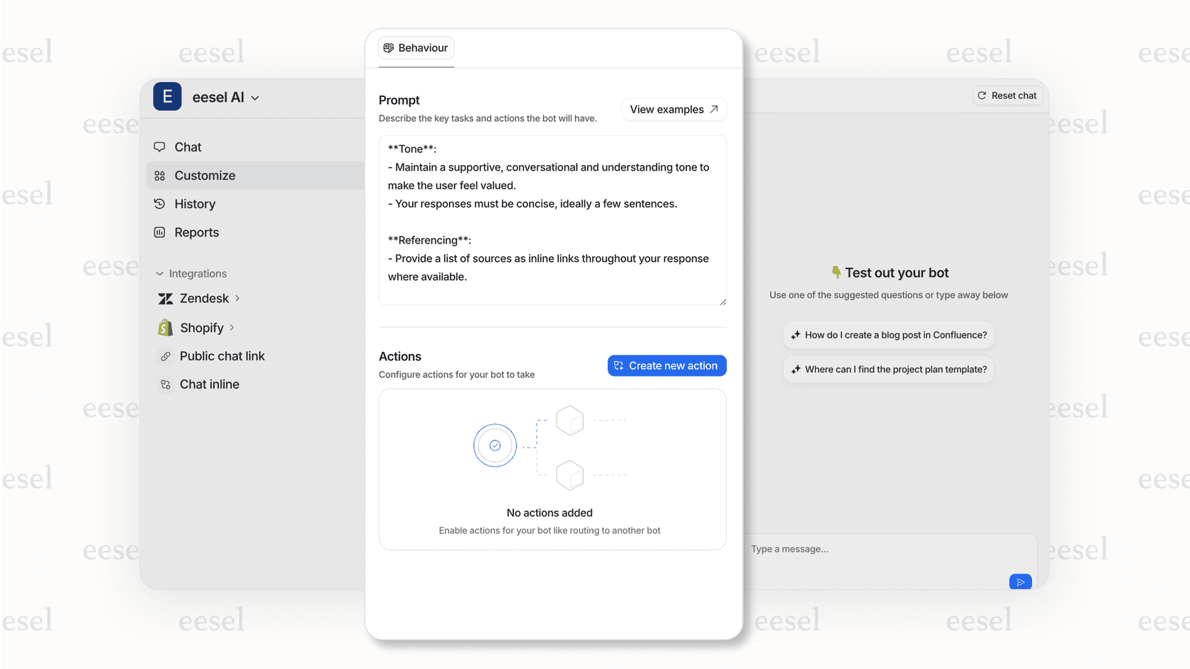 eesel AI integration and bot customization for Shopify.
