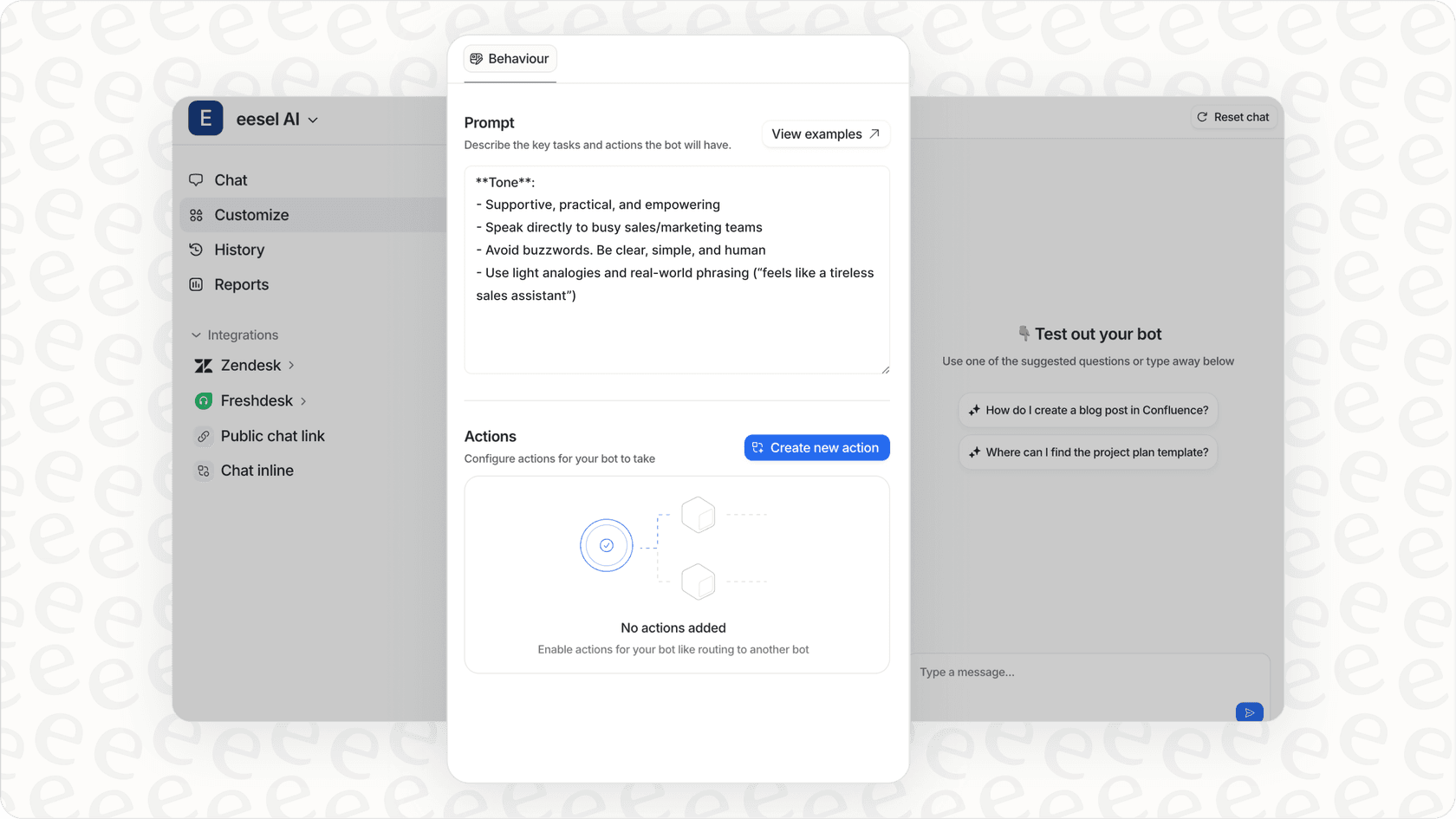 eesel AI configuration interface for customizing behavior and actions to boost lead generation and sales automation.