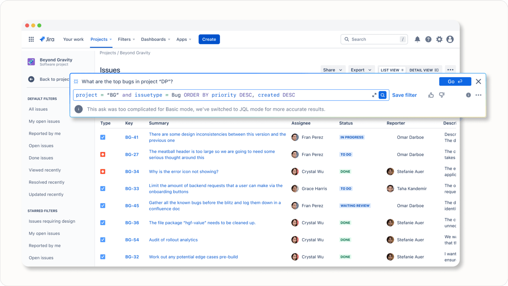 Jira search bar with Atlassian Intelligence for natural language queries
