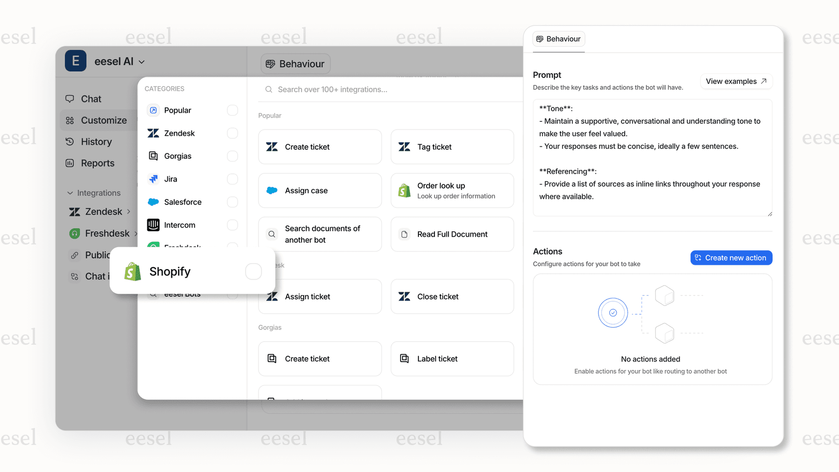 A diagram showing how eesel AI connects the Shopify admin with other knowledge sources to break down information silos for customer support teams.