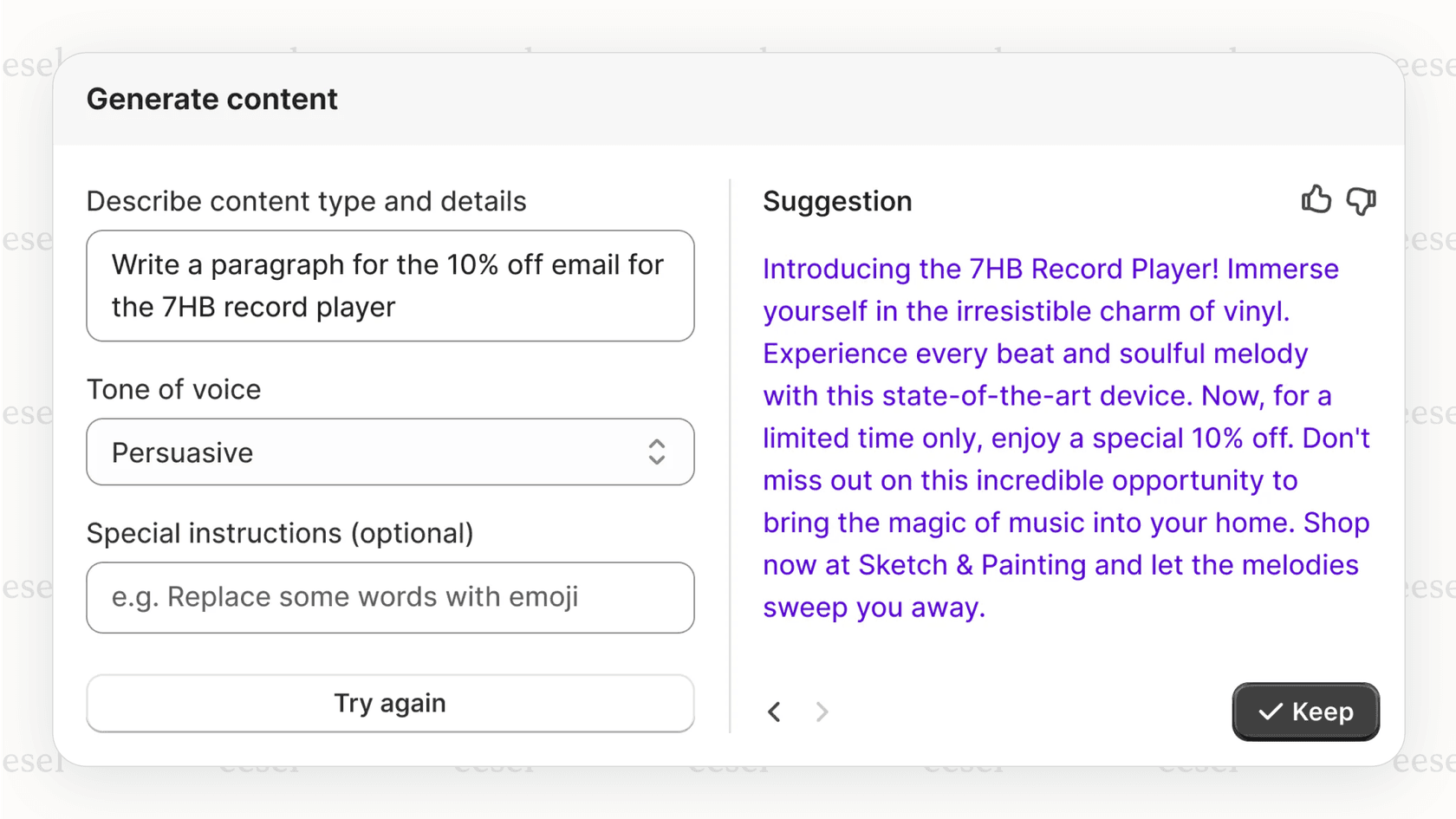 Generating product descriptions with Shopify Magic.