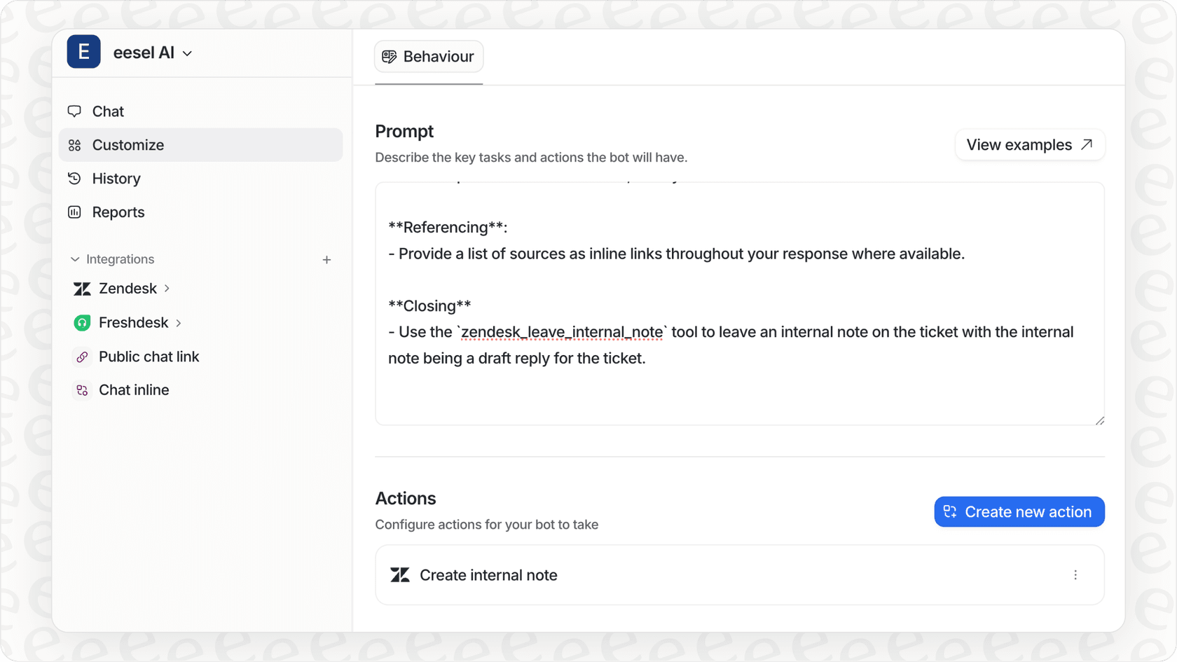 eesel AI customization panel showing configured prompts.