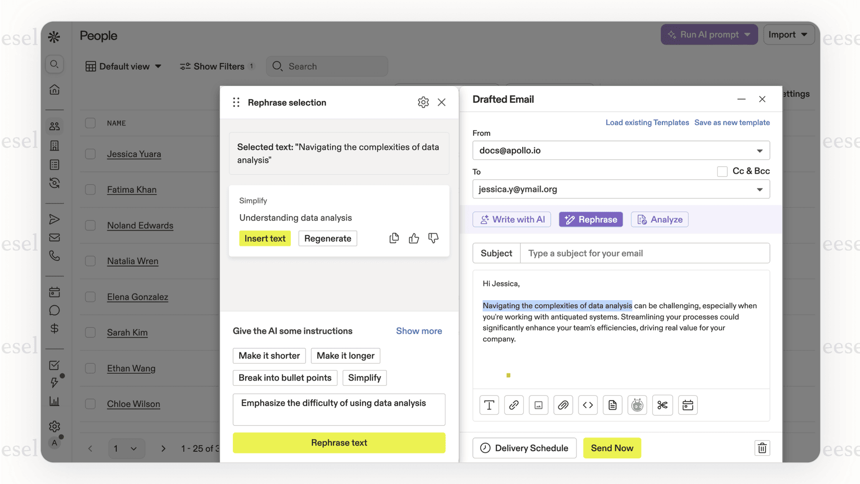 Screenshot showing the Apollo AI platform, highlighting its email writing feature, useful alongside HubSpot AI tools for sales.