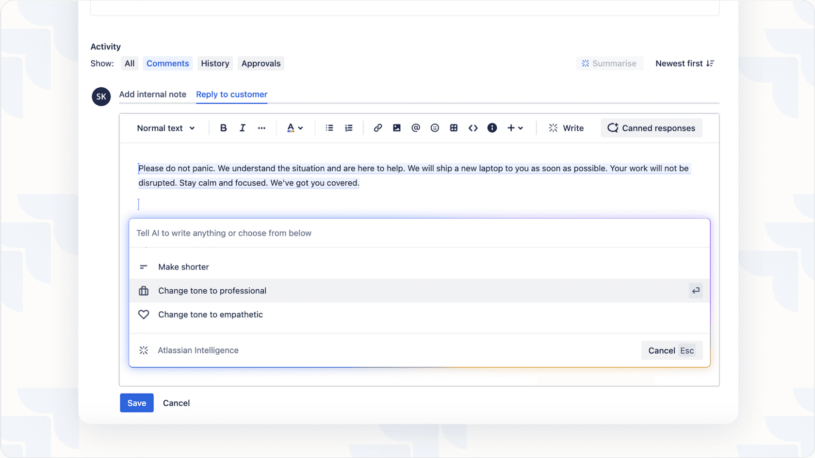 Atlassian Intelligence modifying reply feature in Jira.