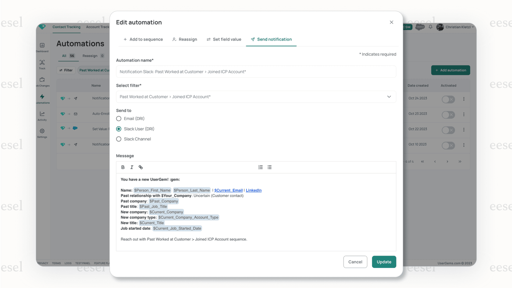 Screenshot of the UserGems platform, showing automated outreach messages, a valuable addition to HubSpot AI tools for prospecting.