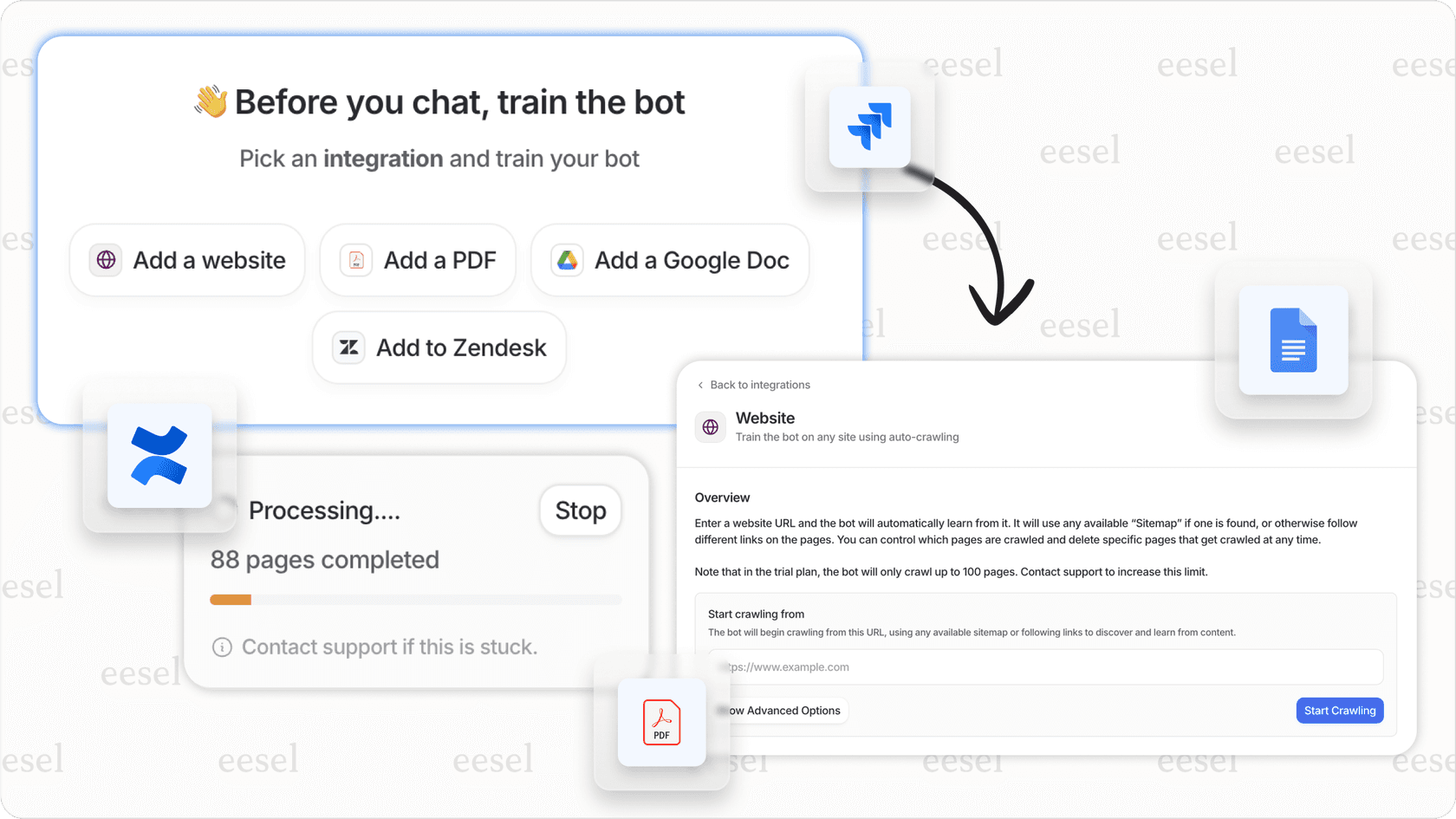 Training with multiple knowledge sources in eesel AI.