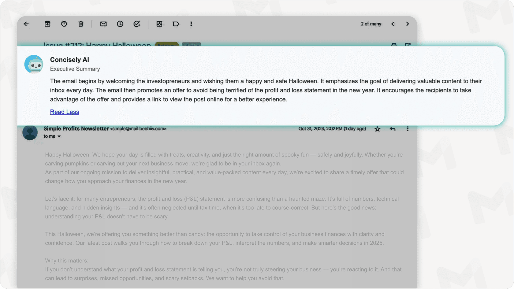 Concisely summarizing a long email thread in Gmail with a brief overview.
