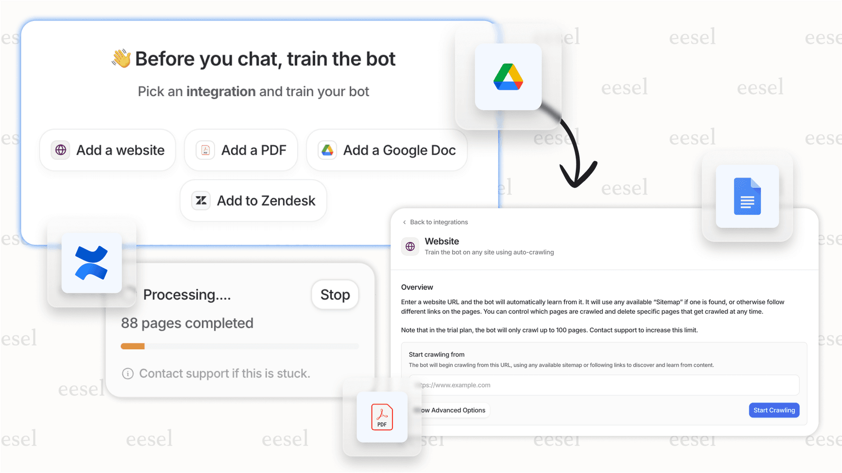 eesel AI connecting to multiple knowledge sources.