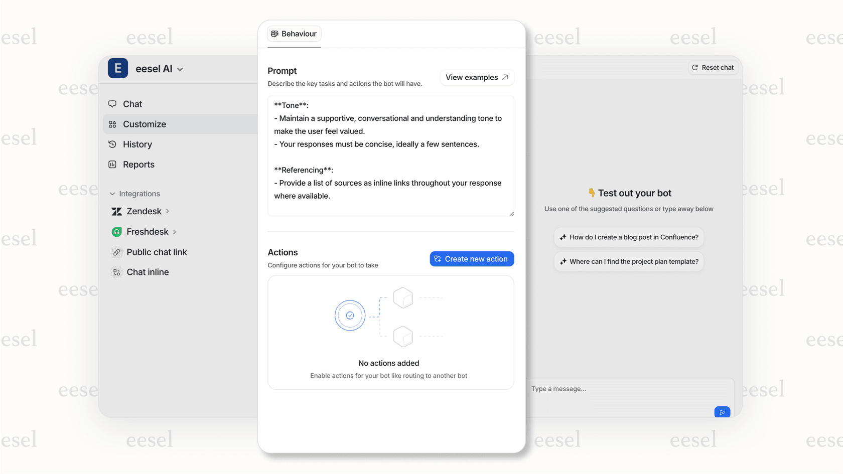 Customizing the chatbot's tone and instructions with eesel AI.