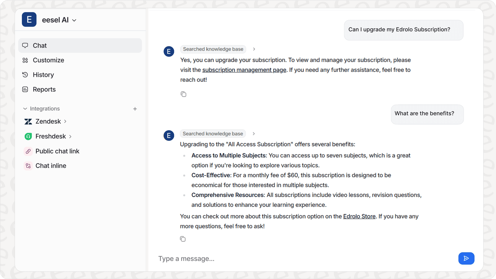 An overview of eesel AI's Helpdesk AI, showing how it provides secure, company-specific knowledge for businesses, unlike the consumer-focused ChatGPT Health.