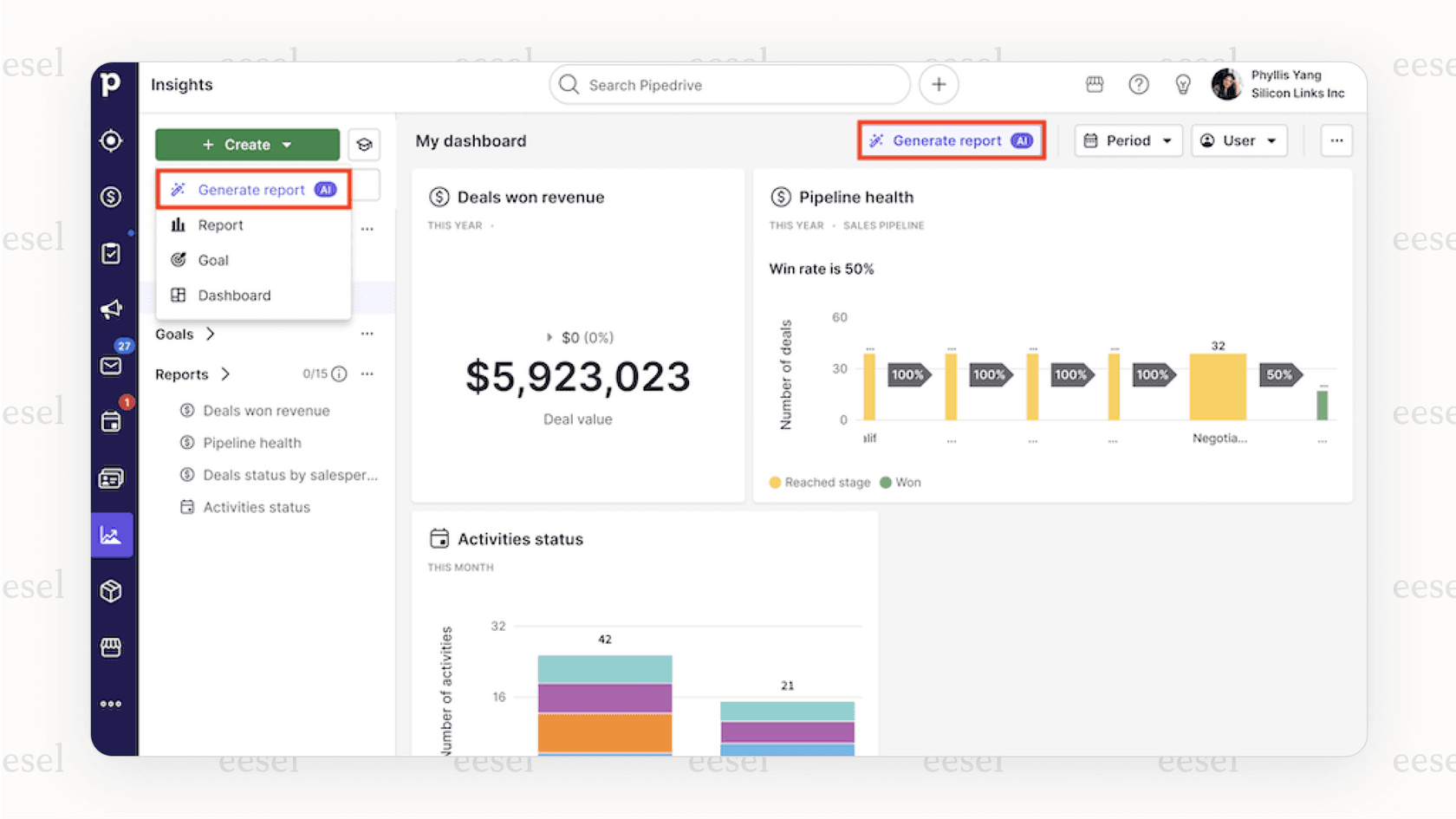 A view of the Pipedrive dashboard showing where the Pipedrive AI features, like the Sales Assistant and email writer, appear for users.