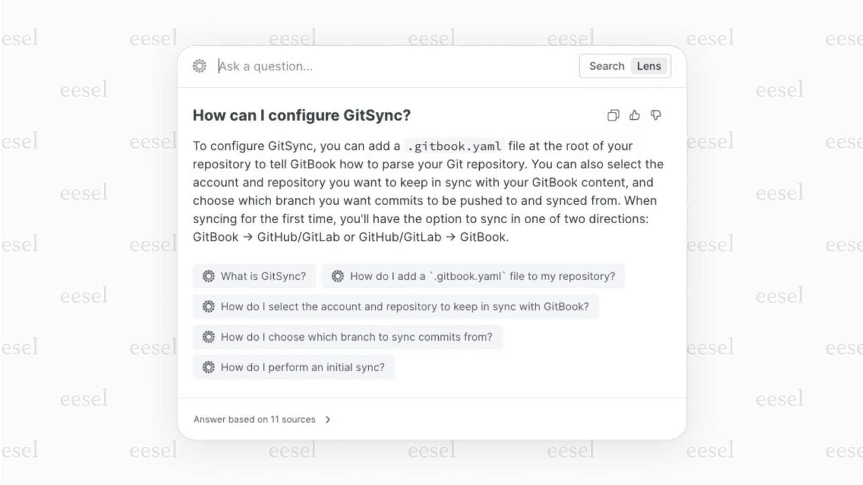 A user asks a question and gets an answer from the GitBook AI search feature.