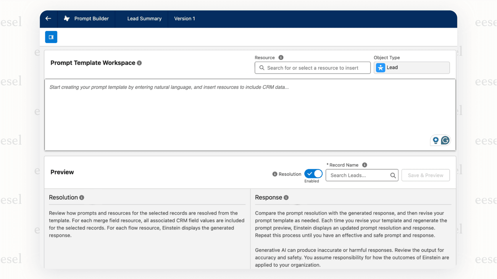 The Salesforce Prompt Builder interface, which allows developers to customize what AI does Salesforce use for specific tasks.
