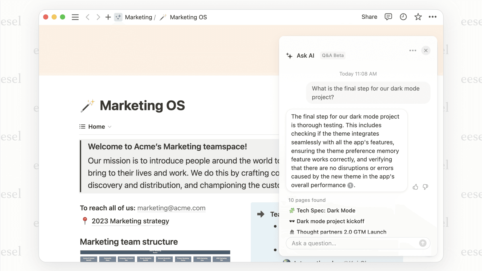 The Q&A capabilities of the Notion AI chatbot.