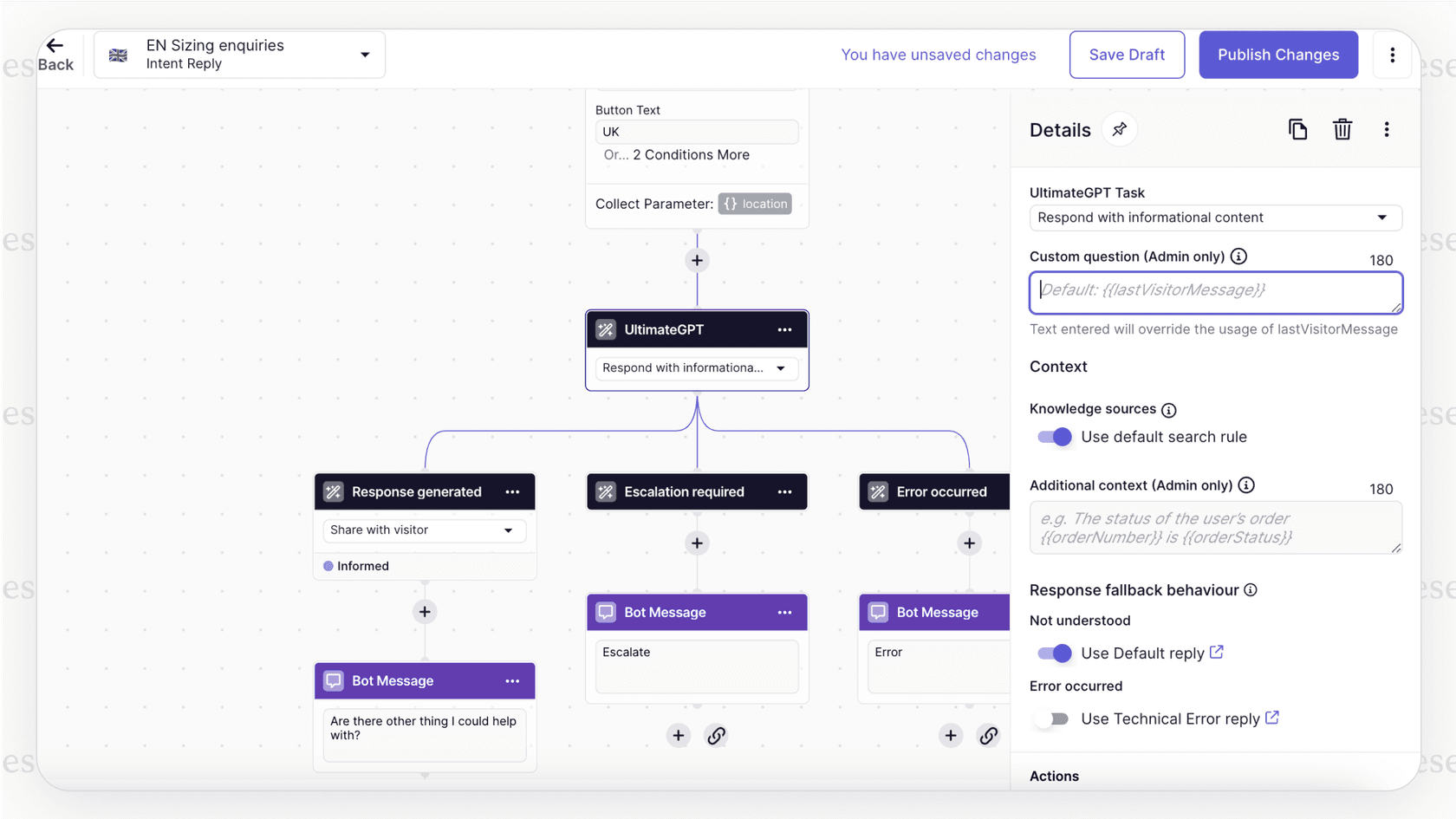 A screenshot of the sophisticated dialogue builder in Ultimate ai, which shows the depth of the platform for technical users to manage.