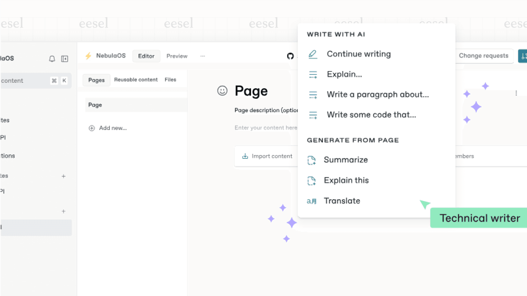 The menu of options for the GitBook AI writing assistant.