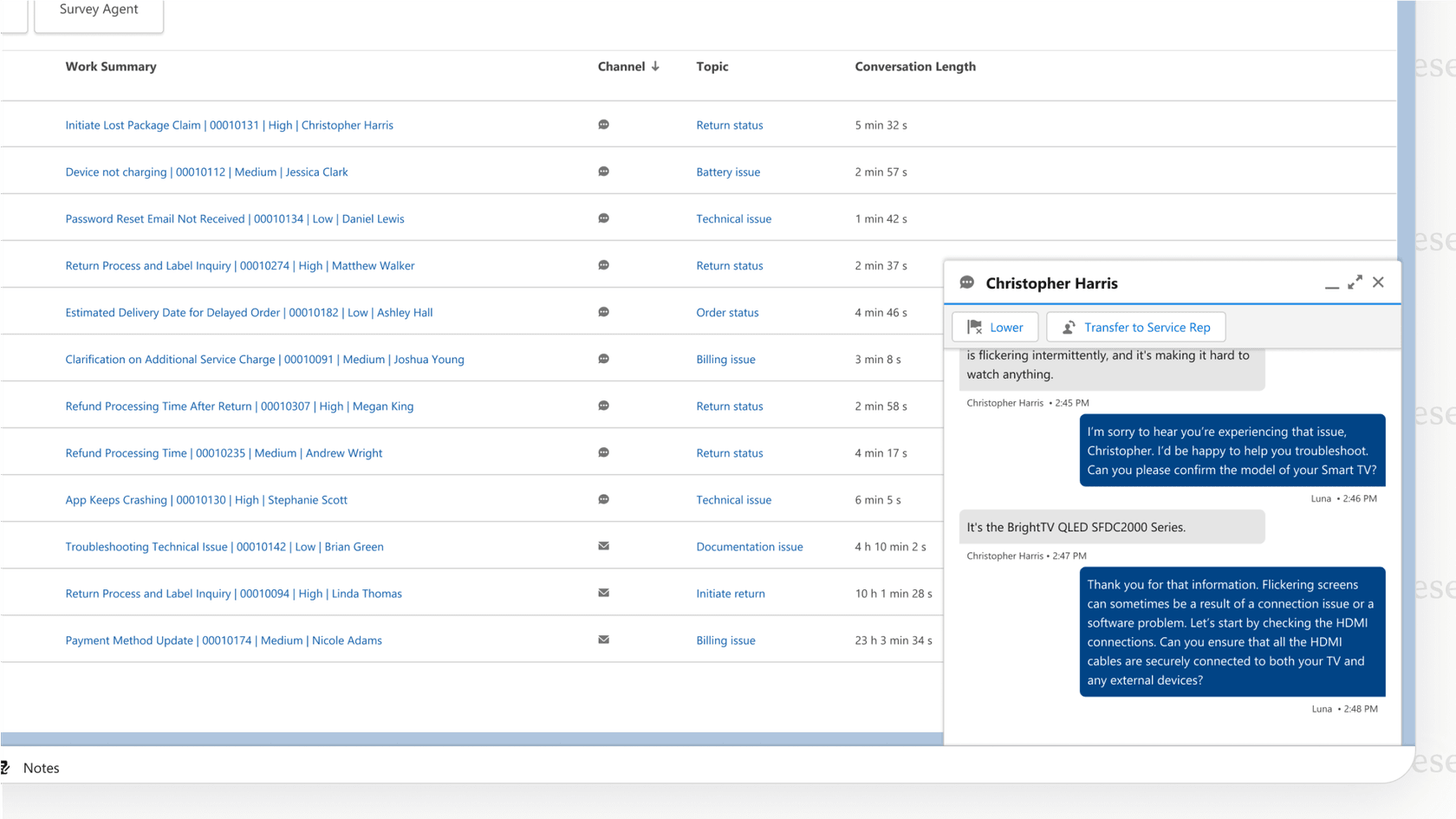 The Agentforce Service Agent handling a customer query within the Salesforce dashboard.