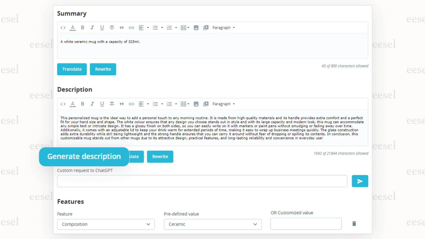 Generating product descriptions with a PrestaShop AI tool.