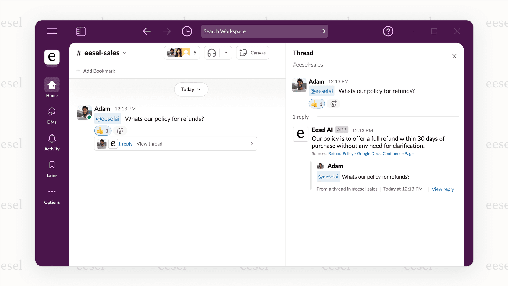 eesel AI answering questions in Slack.
