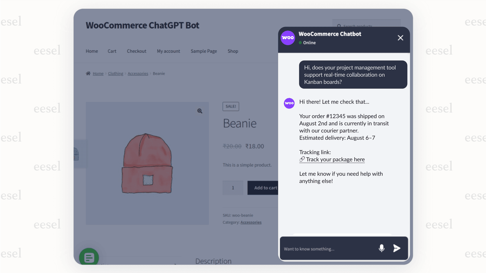 An AI chat bubble performing an action to check an order status.