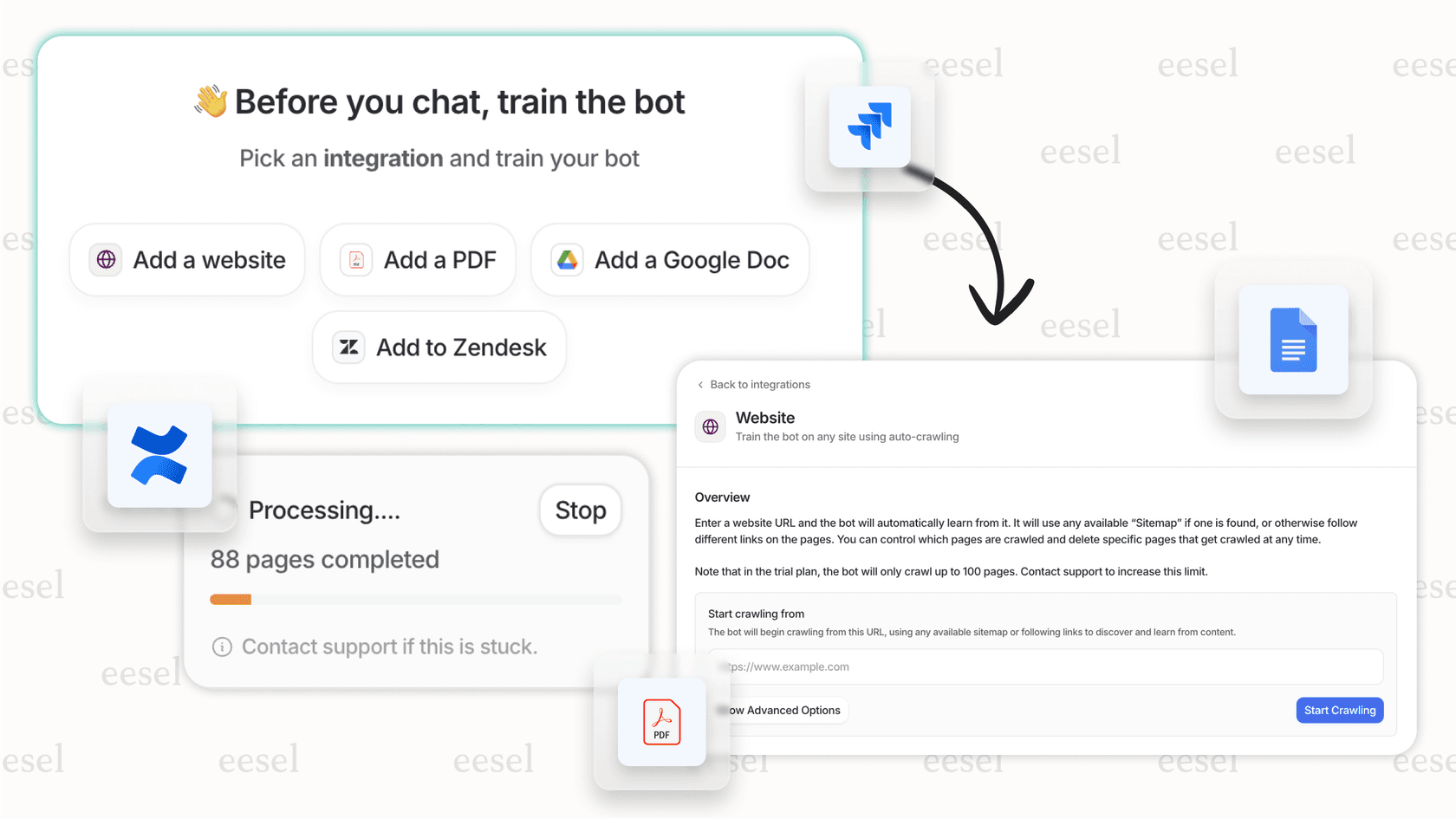 The eesel AI dashboard provides a simple, no-code setup for connecting various knowledge sources, offering a user-friendly alternative after you learn how to enable AI Search in ServiceNow.