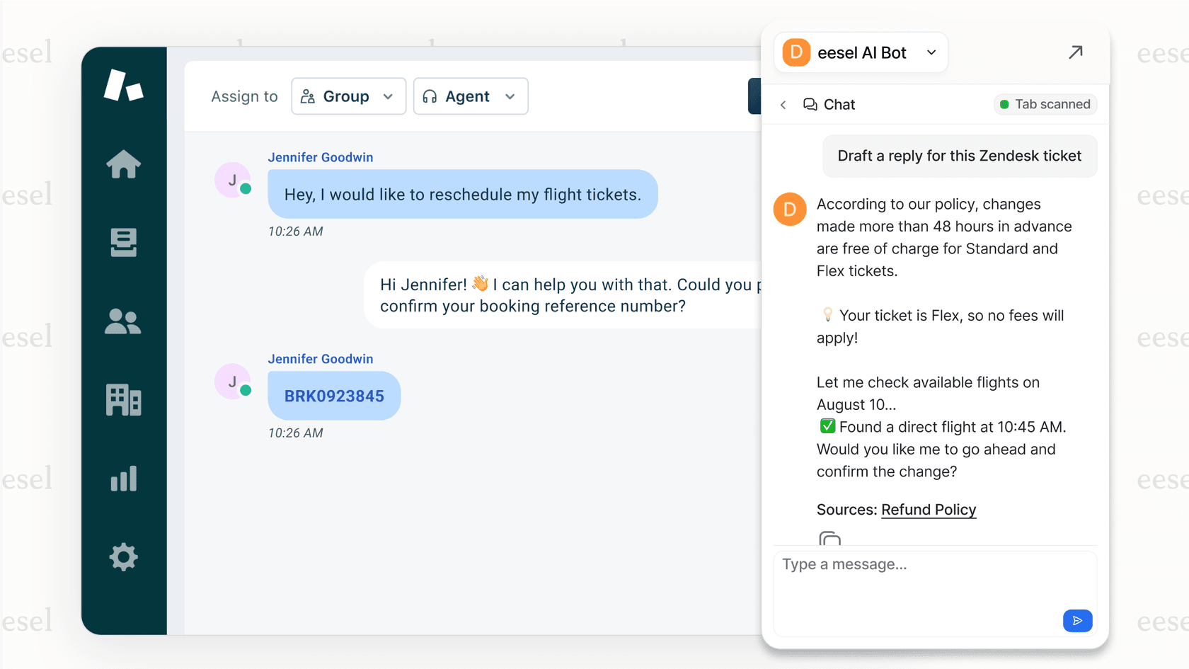 An eesel AI copilot providing support inside a help desk, a limitation of Zoom AI.