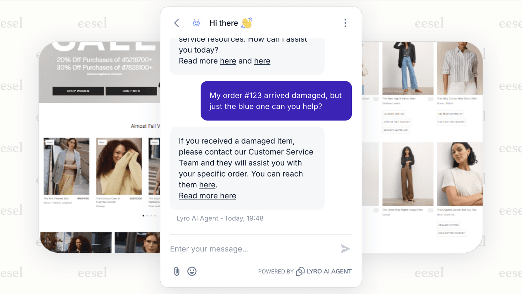 A screenshot of a chat widget where a user asks a complex question like "my order #123 arrived damaged, but just the blue one can you help?" and the Tidio AI chatbot responds with a generic message like "I