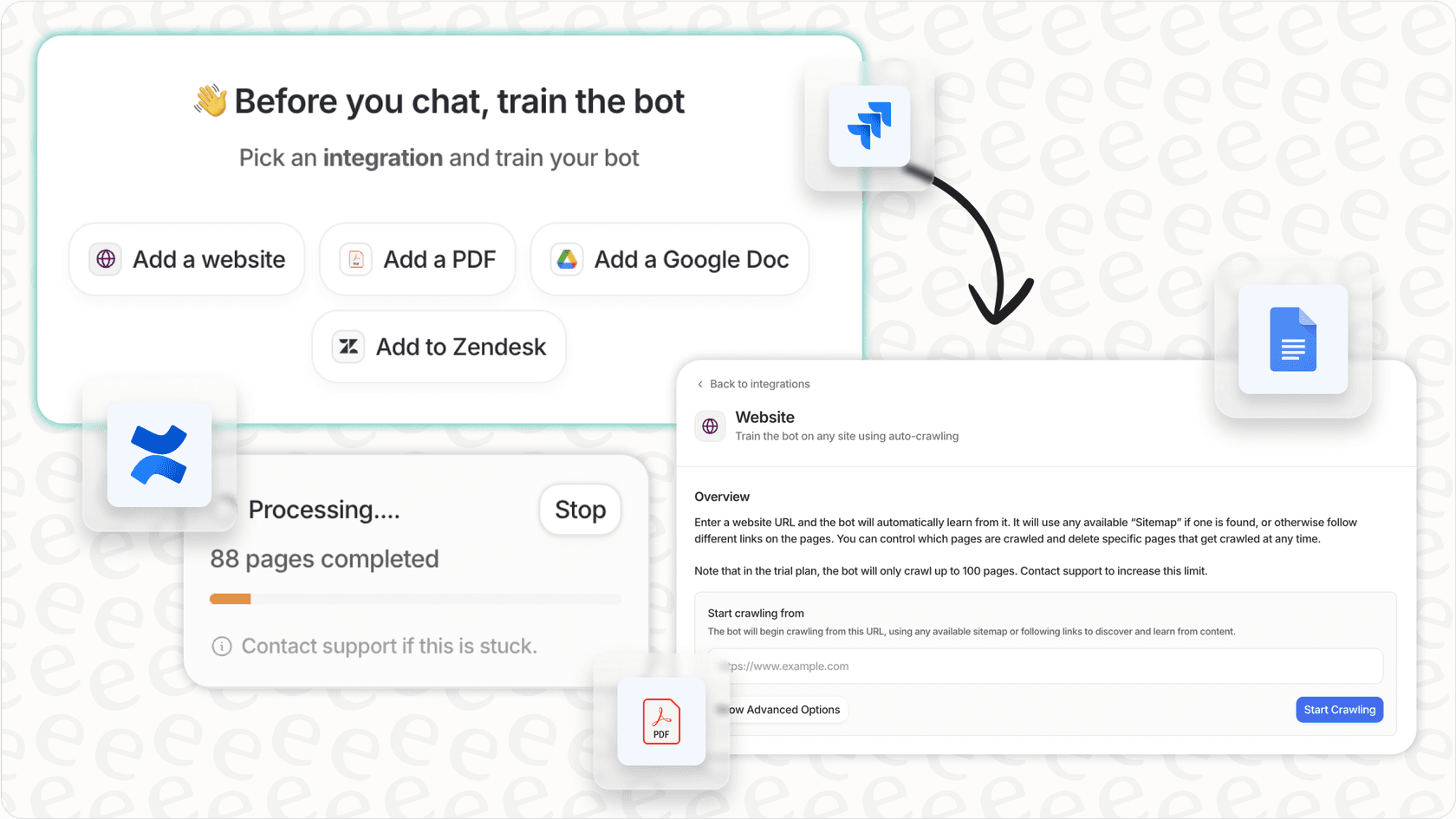 eesel AI platform with options for training small language models on multiple data sources.