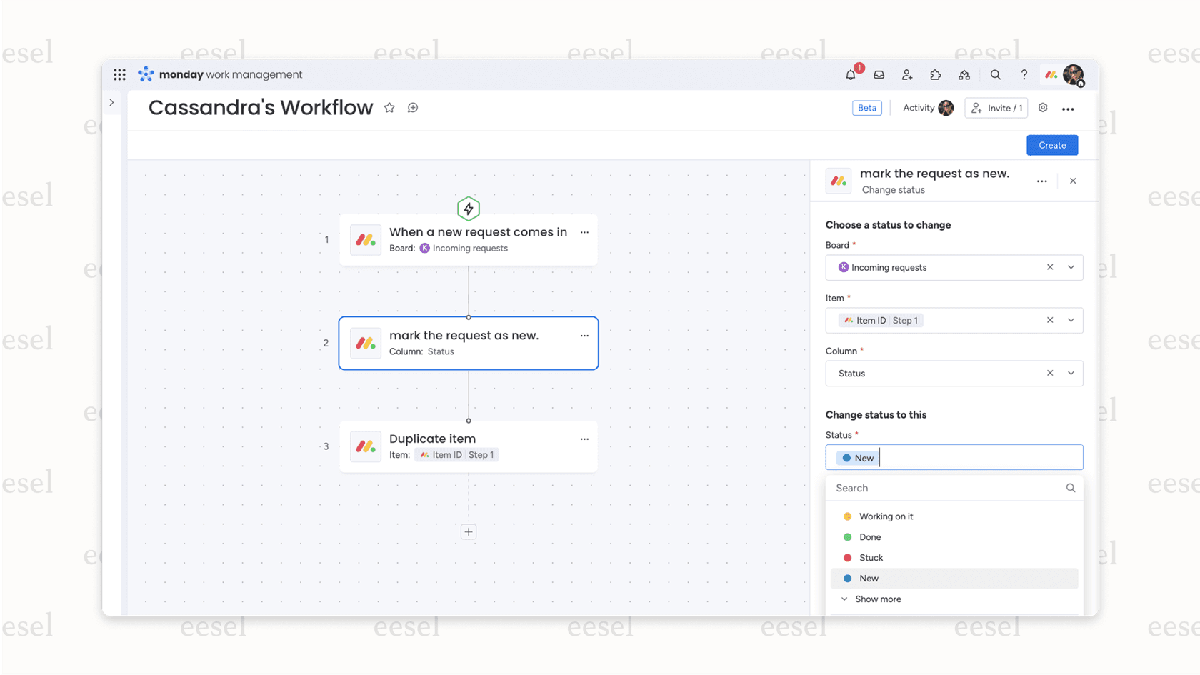 A user setting up an automation with the monday.com AI assistant.