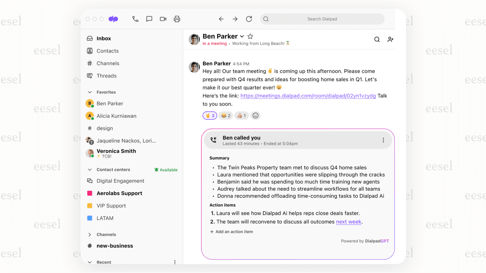 Dialpad's AI Call Summary feature with AI-generated notes and transcription.