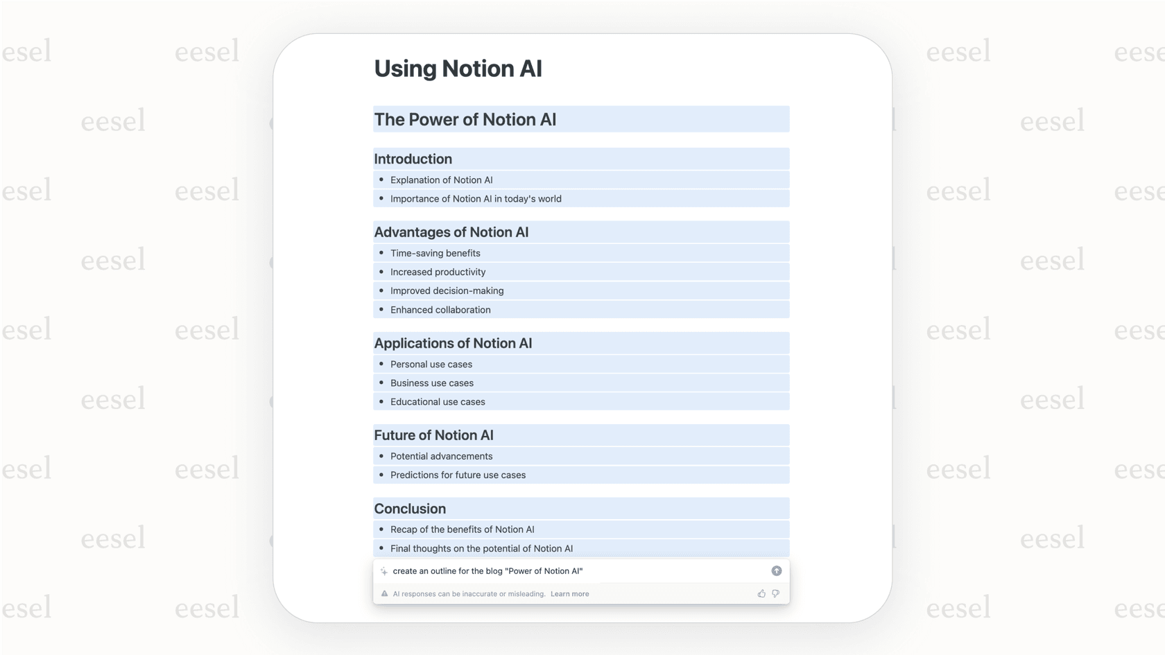 Using Notion AI to generate a blog post draft.